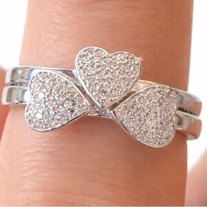 Pave' Heart Stacking Ring Set 2 Piece Shimmering CZ Cluster Rings Silver Tone 7